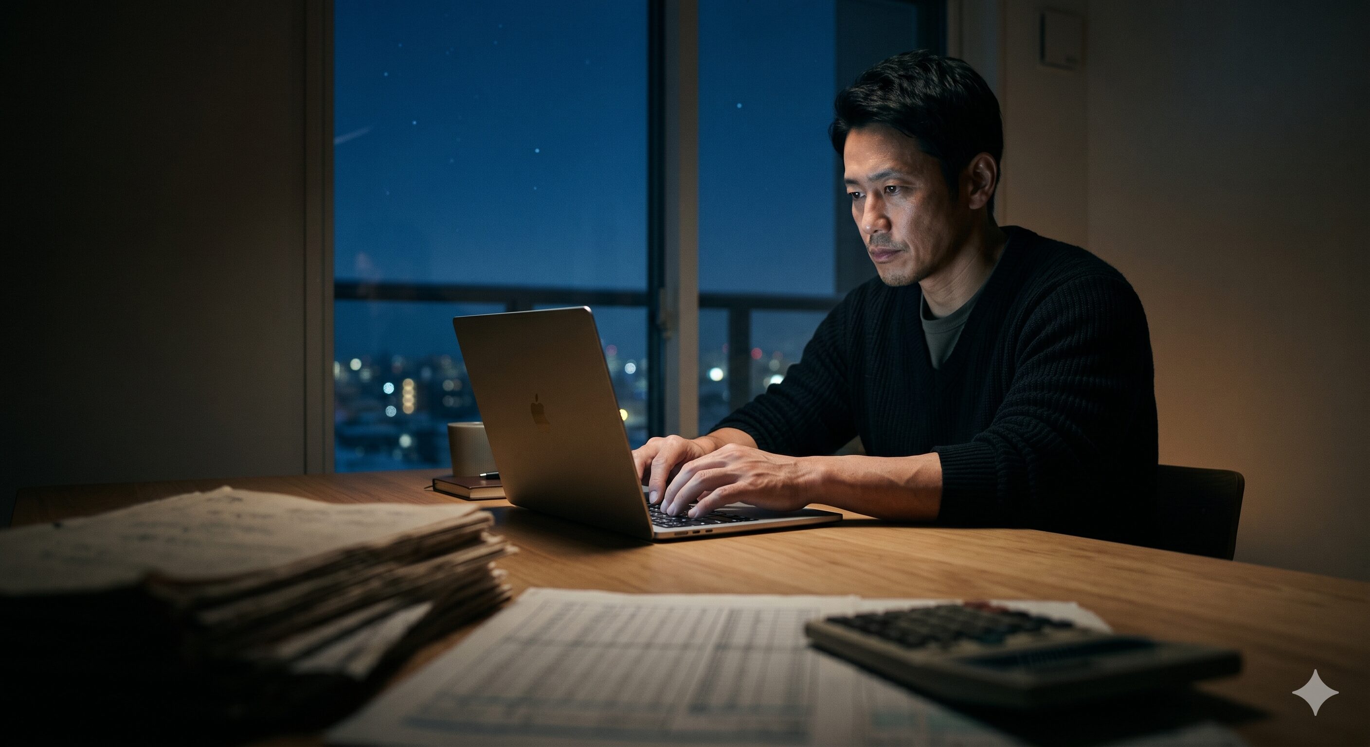 AIによる業務効率化と1人社長への挑戦を象徴する、夜の書斎でMacBookに向き合う40代男性の姿