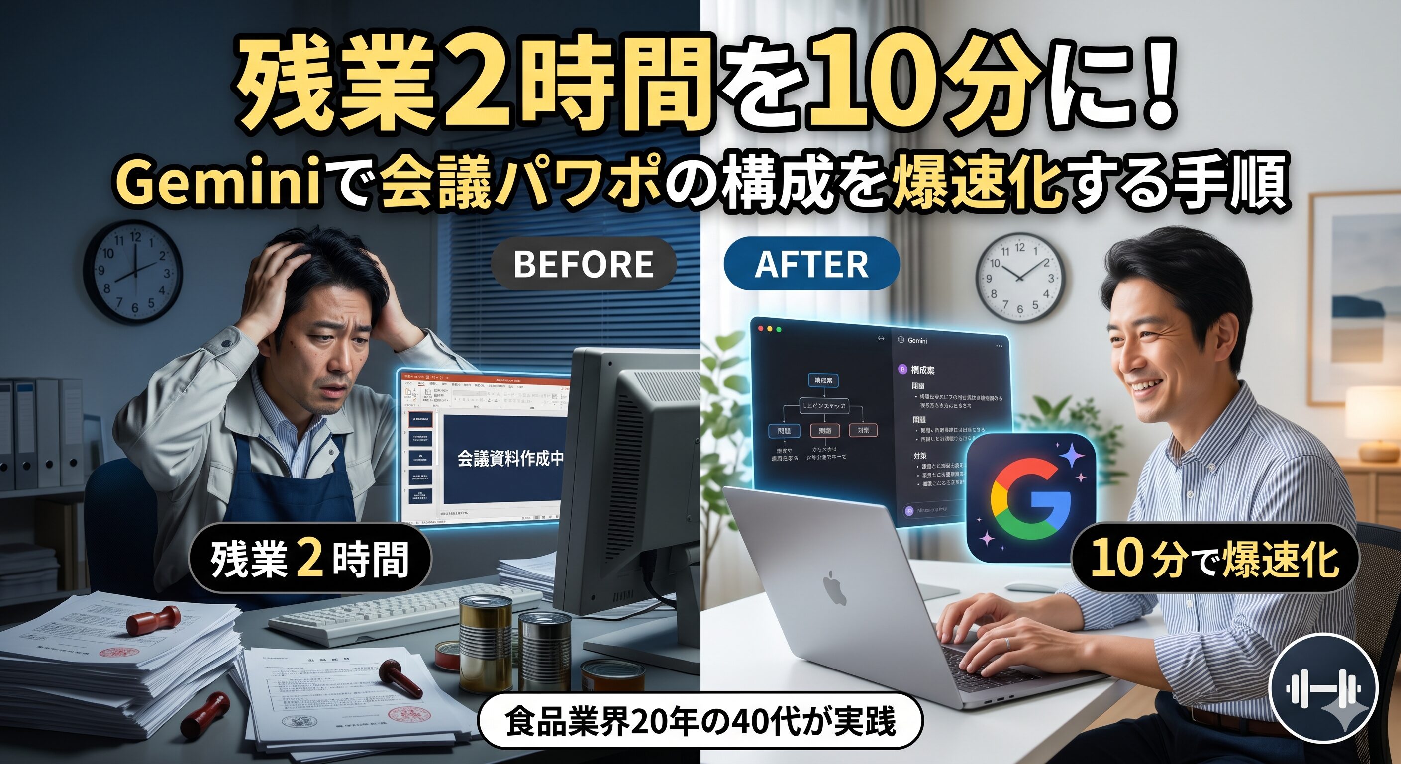 「残業2時間を10分に！」と大きなタイトルが入った、ビフォーアフターの対比画像。左の薄暗いオフィスには、山積みの紙書類とハンコに囲まれ、疲れ果てた表情で古いPCに向かう食品業界の男性が描かれ、「残業2時間」の文字がある。右の明るい部屋には、同じ男性が笑顔でMacBook AirとGemini AIアプリ（Googleロゴ付き）を使っており、「10分で爆速化」の文字と筋トレアイコンがある。下部には「食品業界20年の40代が実践」と書かれている。