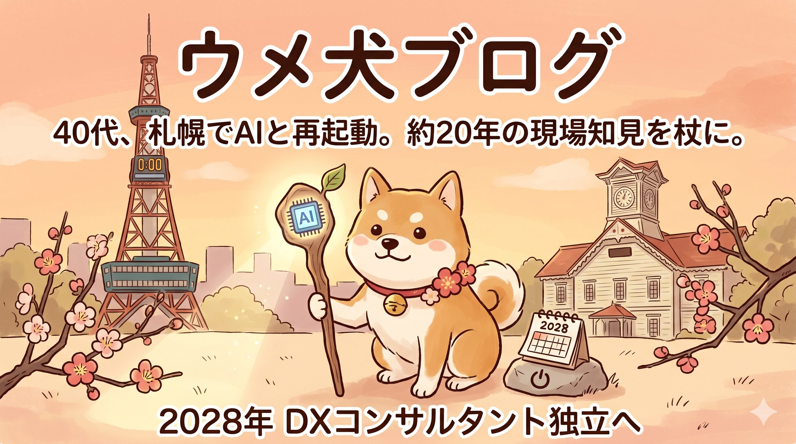 札幌のテレビ塔と時計台、梅の花を背景に、AIチップが輝く木の杖を持った柴犬のキャラクターが微笑んでいるイラスト。上部には「ウメ犬ブログ」、中央に「40代、札幌でAIと再起動。約20年の現場知見を杖に。」、下部に「2028年 DXコンサルタント独立へ」という文字が入っています。