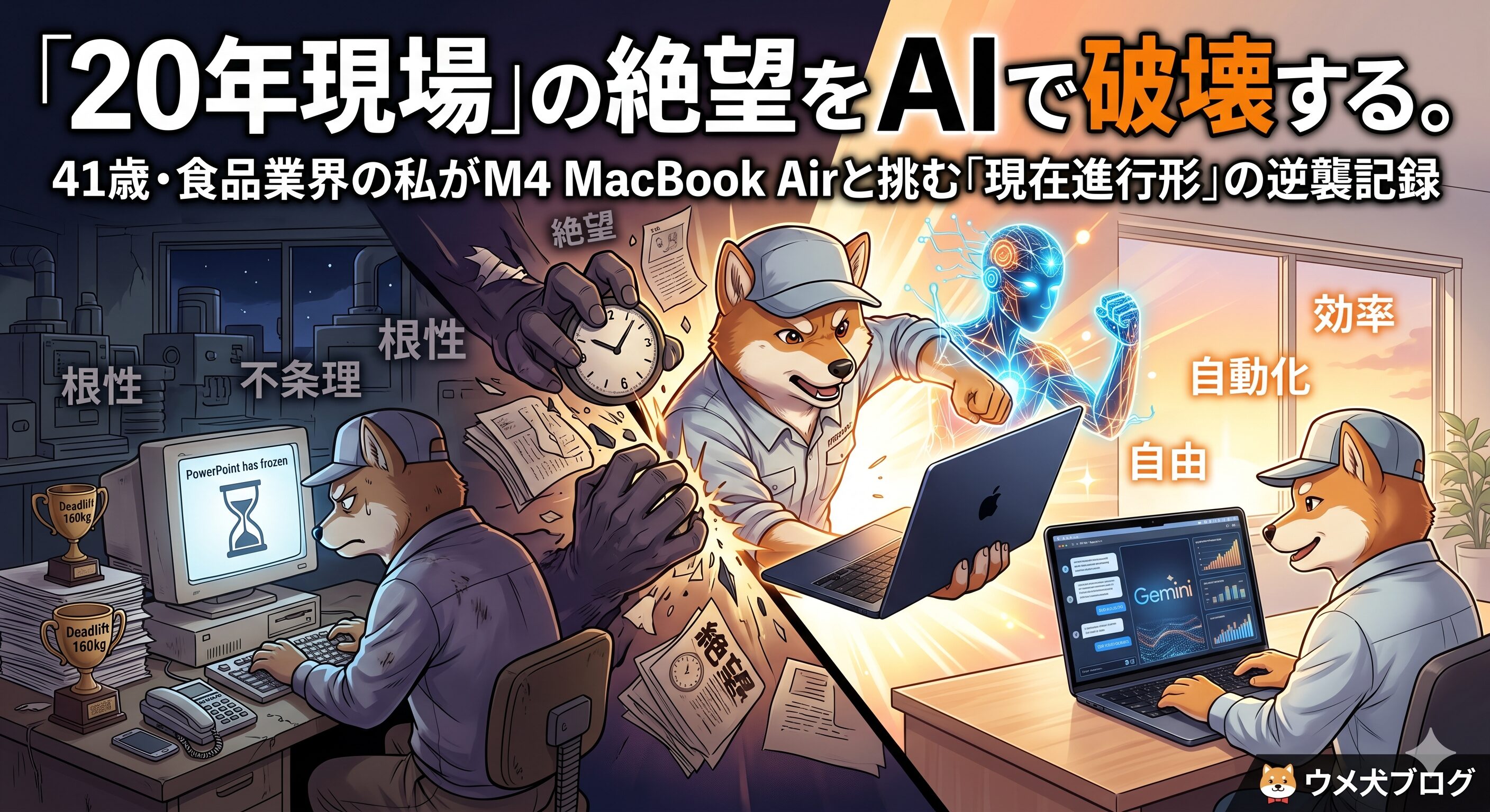 古いPCの前で絶望する姿から、M4 MacBook AirとAIを武器に効率化へと突き進む姿への対比を描いた、ウメ犬ブログのアイキャッチ画像
