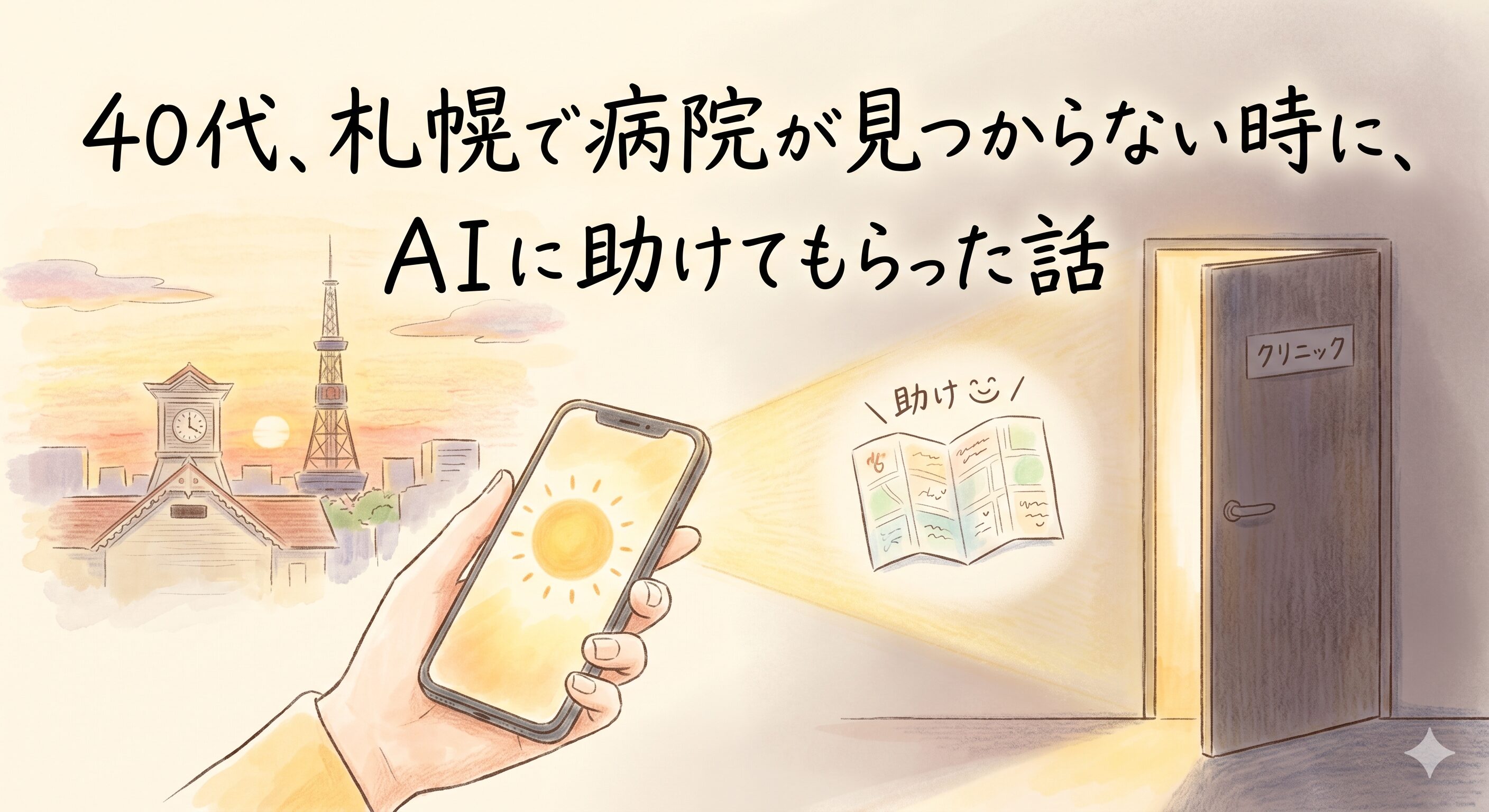 札幌の時計台とテレビ塔が描かれた夕暮れの風景の中、手元のスマートフォンから放たれる温かい光がクリニックのドアへと導いている優しいイラスト。「40代、札幌で病院が見つからない時に、AIに助けてもらった話」という記事タイトルが入っています。