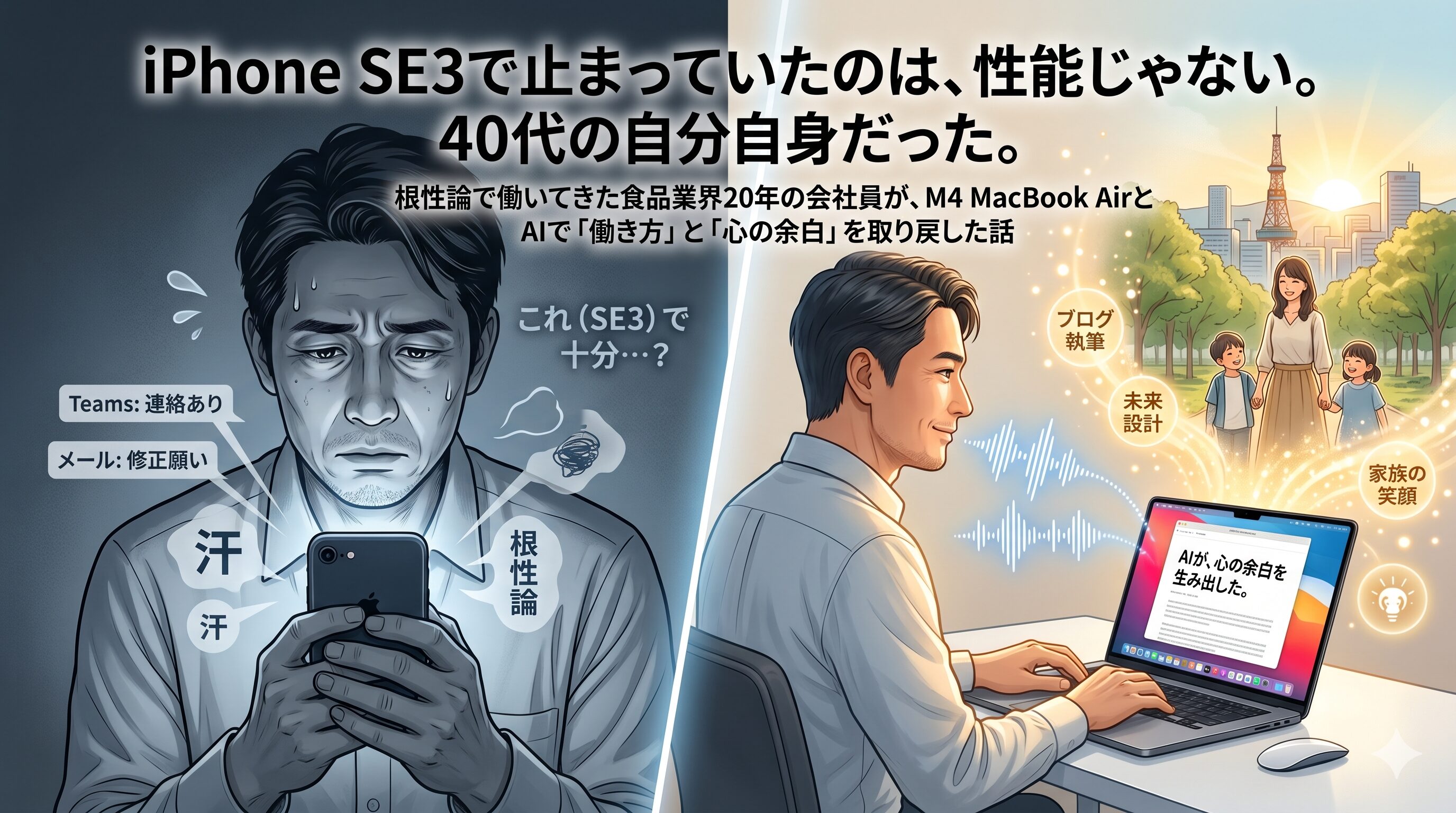 # タイトル **iPhone SE3で止まっていたのは、性能じゃない。40代の自分自身だった** ### 根性論で働いてきた食品業界20年の会社員が、M4 MacBook AirとAIで「働き方」と「心の余白」を取り戻した話 --- # 本文 ## 「これで十分」が、いつの間にか口癖になっていた 朝5時。 札幌の空気はまだ冷たい。 犬の散歩をしていると、息が白くなる。 その静かな時間だけが、頭の中を整理できる時間だった。 会社では、ずっと何かに追われている。 メール。 Teams。 お客様からのご指摘。 会議。 修正。 また修正。 Teamsの通知音とメールのバイブが、ずっと鳴っている。 食品業界で20年。 現場の泥臭さは嫌というほど見てきた。 汗を流してる人間が偉い。 遅くまで残ってる人間が頑張ってる。 休まない人間が正義。 そんな空気の中で生きてきた。 だから、自分も疑わなかった。 「気合いで乗り切るしかない」 それが社会人だと思っていた。 でも40代に入ると、その“当たり前”が少しずつ身体を壊し始める。 朝、会社へ向かう途中で動悸がする。 休日でもTeamsの通知音に反応してしまう。 夜9時過ぎ。 ほとんど人のいない事務所で、翌日に上司へ見せる資料を修正していた。 7枚目から8枚目あたり。 「ここ、やっぱり直しておいて」 その一言のために、またPowerPointを開き直す。 自分でも、「何のためにやってるんだろう」と思う瞬間があった。 でも、それでも手は止めなかった。 止められなかった。 昔みたいに「頑張れば何とかなる」が、少しずつ通用しなくなっていた。 --- ## iPhone SE3のサイズに、自分の可能性まで押し込めていた 少し前まで、自分はiPhone SE3を使っていた。 片手に収まるし、軽い。 必要十分。 正直、不満なんてなかった。 YouTubeは見れる。 LINEもできる。 電話もできる。 だから思っていた。 「スマホなんてこれで十分だろ」 でも今振り返ると、あれはデバイスの話じゃなかった気がする。 自分自身に対しても、 “このくらいでいい”と思い込んでいた。 新しいことを覚えるのも面倒。 AIなんて難しそう。 Macは意識高い人の持ち物。 どこかで、自分の成長を止めていた。 40代って怖い。 挑戦しない理由を、いくらでも理屈で説明できるから。 --- ## M4 MacBook Airを開いた瞬間、止まっていた思考が動き出した M4 MacBook Airを初めて開いた時の感覚を、今でも覚えている。 「あ、これ全然違うな」 ただ速いだけじゃない。 思考が止まらない。 立ち上がりを待たなくていい。 処理落ちしない。 文字入力で引っかからない。 その小さなストレスが消えるだけで、人間ってこんなに軽くなるのかと思った。 たぶん昔の自分は、“待つこと”に慣れすぎていた。 古い会社の文化。 意味のない承認。 根性論。 全部、「耐える」が前提だった。 でも最新のデバイスって、そういう無駄を一気に吹き飛ばしてくる。 処理速度だけじゃない。 「もっと自由に考えていい」って感覚を与えてくれる。 それが一番大きかった。 --- ## AIを使い始めて、「頑張り方」が変わった 最近は、ブログの下書きを音声入力で作っている。 散歩中に思いついたことを喋る。 AIに整理してもらう。 構成を整える。 昔なら何時間もかかっていた。 でも今は違う。 もちろん、自分の頭では考える。 ただ、“全部を自分の手でやる”のをやめた。 これ、かなり大きい。 真面目な人ほど、全部自分で抱え込む。 自分もそうだった。 でも40代になると、それでは持たない。 時間も。 体力も。 気力も。 有限だと分かってしまうから。 だから最近は、AIを“手抜き”じゃなく、“生存戦略”だと思っている。 作業を減らす。 脳の体力を残す。 その余白で、家族と話す。 未来を考える。 自分の人生を立て直す。 本来、人間が時間を使うべき場所って、そこだったんじゃないかと思う。 --- ## デッドリフト160kgより、難しかったこと 自分は筋トレが好きだ。 デッドリフト160kg。 バーベルを握ると、手のひらが痛くなる。 前腕が張る。 呼吸が乱れる。 でも、限界は分かる。 あと1回いけるか。 もう無理か。 身体は正直だ。 でも仕事のストレスは違う。 どこまで耐えればいいのか分からない。 気づいた時には、心のほうが削れている。 だから最近は、「もっと頑張る」じゃなく、「削られない仕組み」を作るようになった。 Mac。 AI。 音声入力。 効率化。 全部、サボるためじゃない。 家族と笑う余力を残すためだ。 子どもの話を、ちゃんと聞けるように。 休日、仕事の通知に怯えないように。 前は、娘や息子の話を聞きながらも、頭の中は仕事のことでいっぱいだった。 家族から、 「さっきの話、聞いてた？」 そう言われて、聞いていなかったことに気づく。 あれは結構ショックだった。 家にいるのに、心だけ会社に残っていた。 そのために、自分は道具を変えた。 --- ## 会社だけではなく、「自分」を積み上げたい 会社を辞めたいわけじゃない。 でも、会社だけに人生を預ける怖さは、40代になると嫌でも見えてくる。 体調。 人事。 組織。 自分ではどうにもならないものが増える。 だからブログを書く。 小さくてもいい。 最初は誰にも読まれなくていい。 でも、自分の言葉を積み上げていく。 それは確実に“会社の肩書きとは別の資産”になる。 M4 MacBook Airを開いて文章を書いている夜は、不思議と未来が少し明るく見える。 昔みたいに、ただ耐えるだけじゃないからだと思う。 40代。 まだ遅くない。 むしろ、ここからが「人生の再設計」なのかもしれない。 --- # メタディスクリプション 食品業界20年、根性論で働いてきた40代会社員が、iPhone SE3時代の停滞感からM4 MacBook AirとAI活用で働き方を変えた実体験を綴る。Teams通知に追われる毎日から抜け出し、「心の余白」を取り戻していく再起の記録。