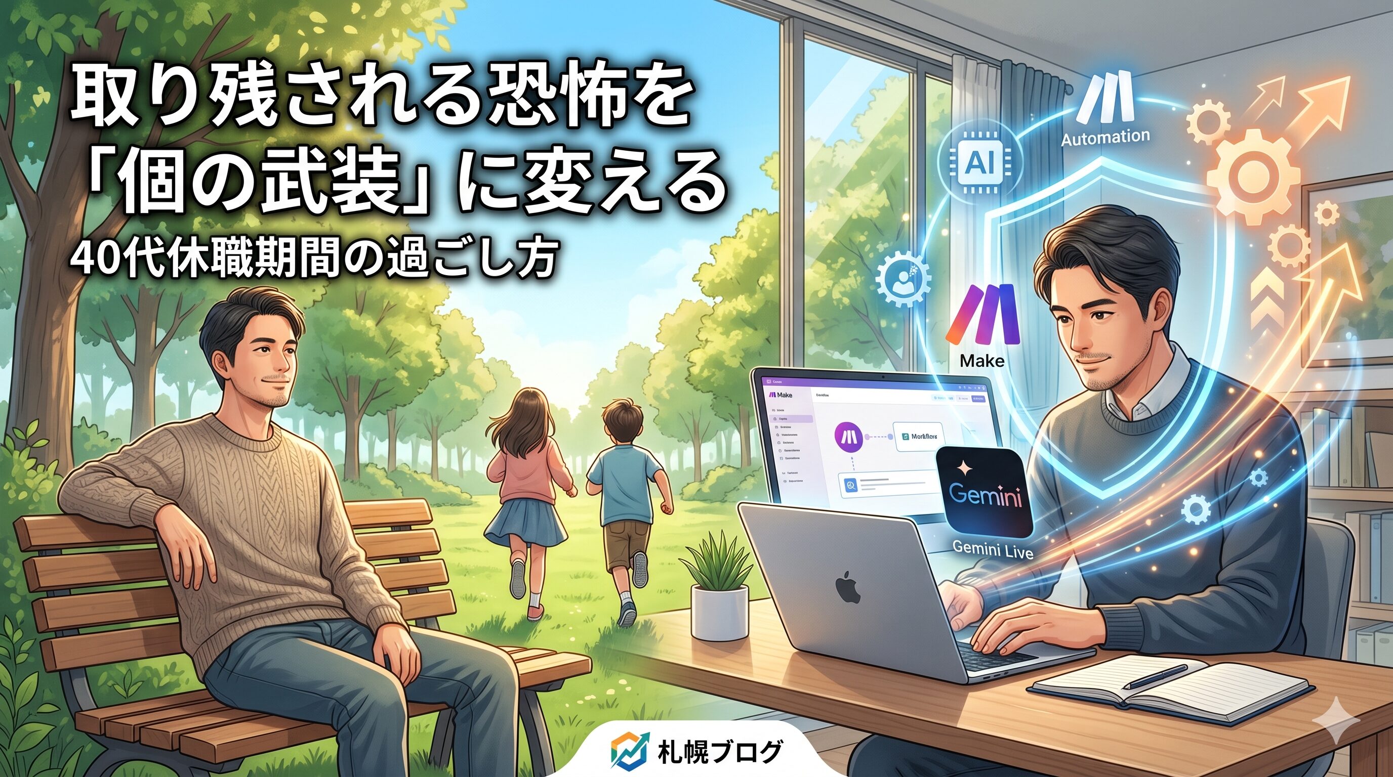 40代の休職期間の過ごし方をテーマに、札幌での家族との時間と、MacBookを活用したAIやMake学習による「個の武装」の対比を描いたブログ用アイキャッチ画像。